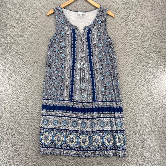 J Jill Dress Womens Small Blue Floral Shift Tee Notch Neck Sleeveless Stretch - Picture 1 of 10